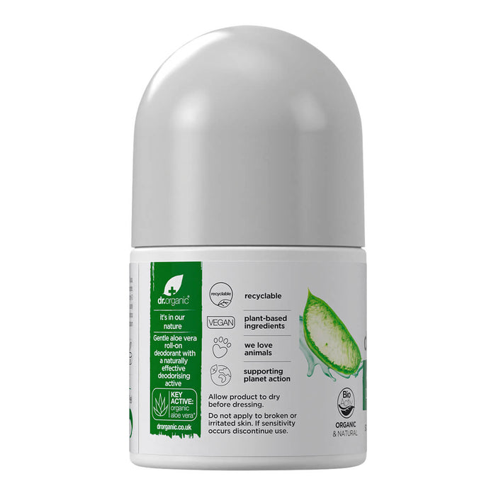 Back of 50ml Dr. Organic Aloe Vera Roll-On Deodorant, aluminium free, natural, vegan, and cruelty free.