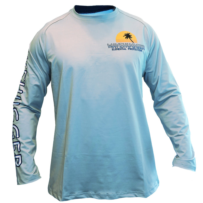 The Blacktip Reef Performance Shirt by Wave Hugger features long sleeves, ELEMENTAL PROTECTION, a palm tree chest logo, WAVEHUGGER on the left sleeve, and UPF 50+ sun protection for all-day comfort.