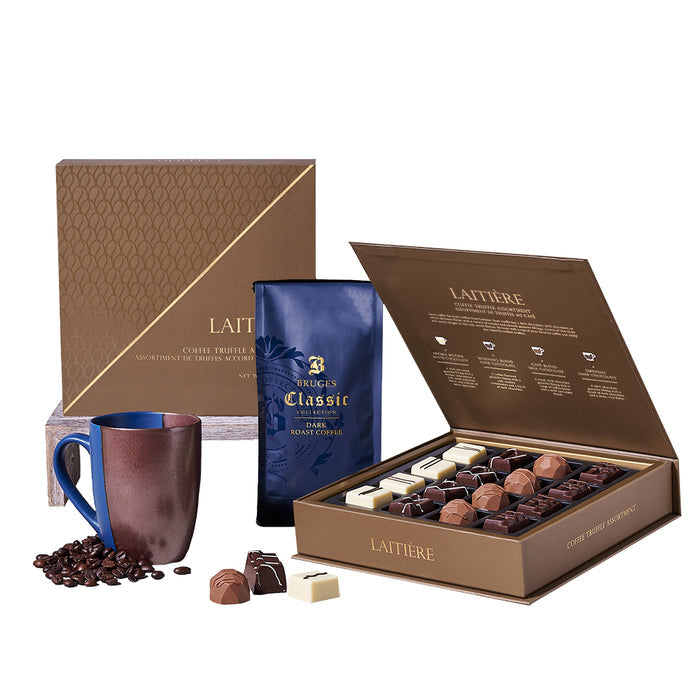 Bruges Dark Roast Coffee and Truffles Gift Basket – gift basket with germaine two-tone mug, bruges dark roast coffee and laitiere coffee truffle