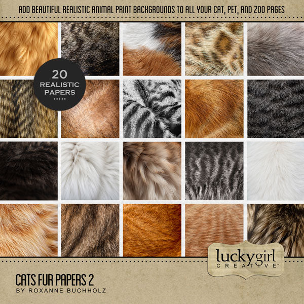 Have fun documenting your favorite cats and kitties with these realistic digital scrapbooking art papers by Lucky Girl Creative featuring various shades and colors of different cat breed fur and kitty hair.
