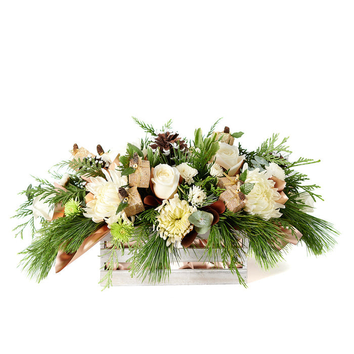 Christmas Flower Basket with White Chrysanthemums and Ornaments – the bouquet