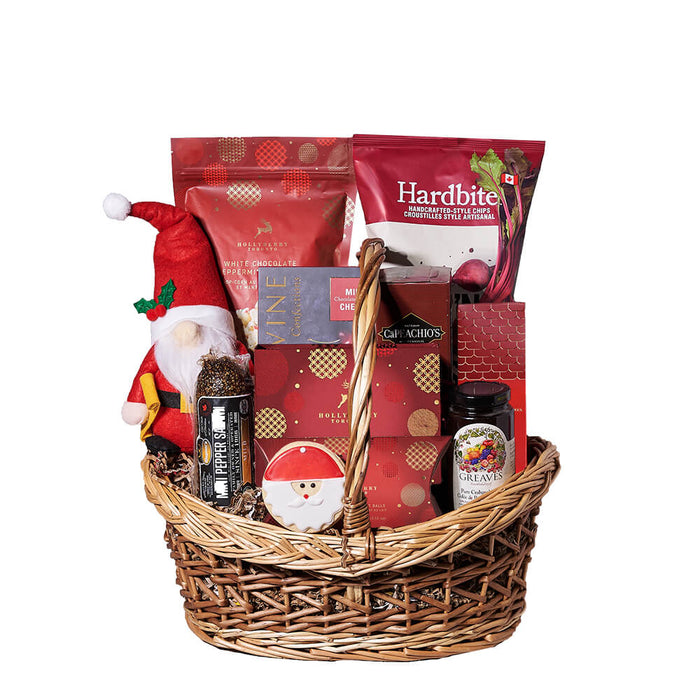 Christmas Holiday Two-Tone Wicker Gourmet Gift Basket – gift basket with mr. claus plushie, hardbite drop'n mad beets chips and hollyberry white