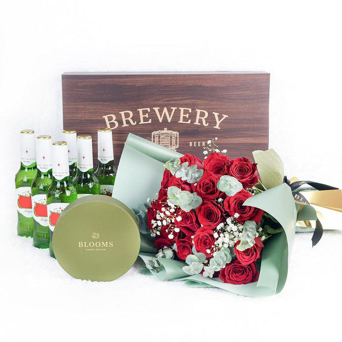 Craft Beer and Chocolate Truffle Basket with Decorative Touch – gift basket with featuring an unconventional yet stylish blend of beers, this 24 stem