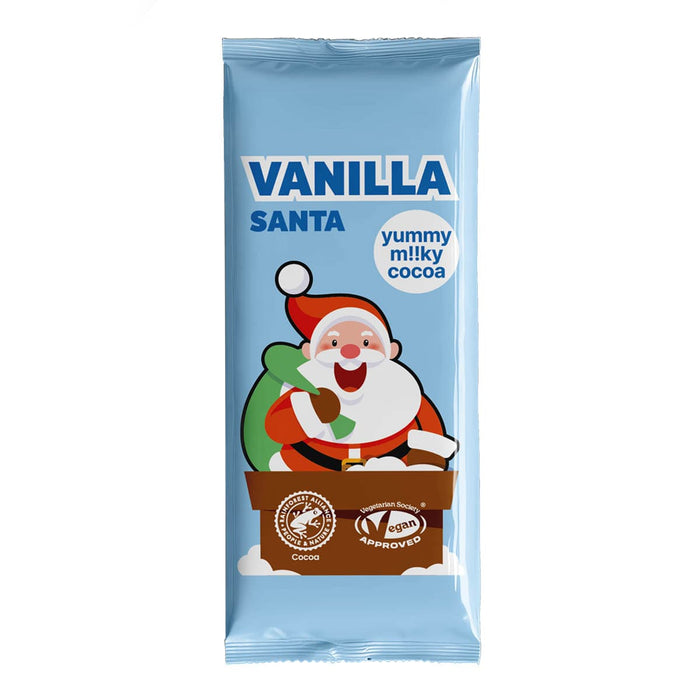 Vanilla Santa Vegan Chocolate Bar in a blue pack with an illustrated Santa.