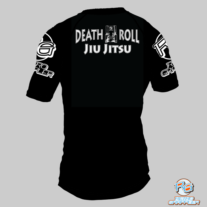 The Death Roll Jiu Jitsu - Death Row Parody Rash Guard by Retro Grappler features a black short-sleeve design, alligator graphic on back, and logos on both sleeves and hem—ideal for MMA or tough grappling sessions.