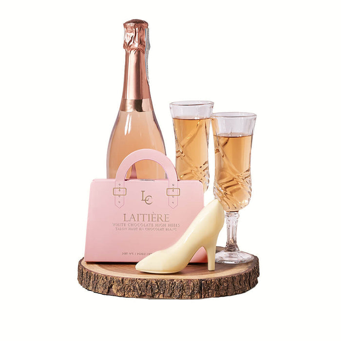 Deluxe Sparkling Wine Gift Set with White Chocolate High Heels and Serving Board – gift basket with bottle of sparkling wine, laitiere white
