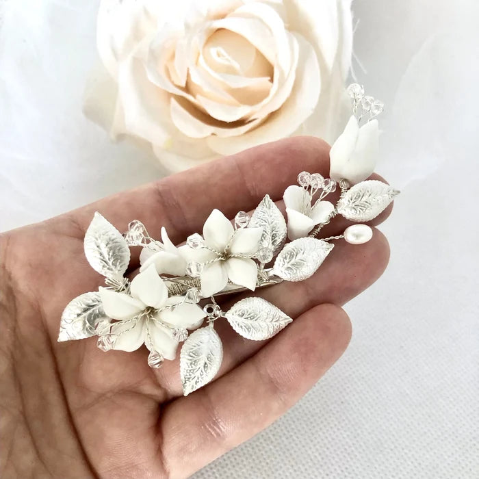 Wedding Hair Accessories - Ceramic Flowers Bridal Hair Clip - Available in Gold and Silver colores