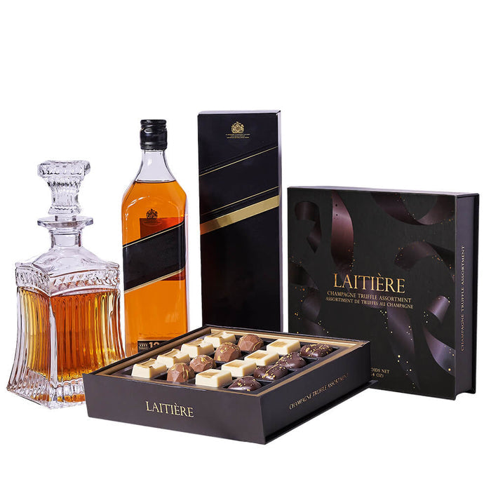 Elegant Whiskey and Gourmet Truffle Gift Set – gift basket with laitiere champagne truffle assortment, ferguson decanter and bottle of whiskey