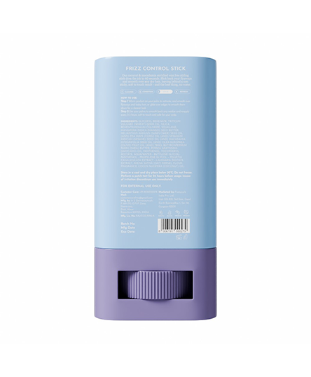Product information is visible on the backside of the Fix My Curls' Frizz Control Stick shown in the image