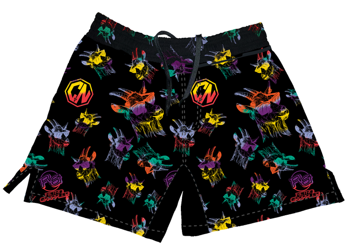 The Retro Grappler GOAT Lightweight BJJ Shorts feature a black base with vibrant, repeating stylized animal heads and geometric RC and CN logos. These no-Velcro grappling shorts offer comfort and performance for Brazilian Jiu-Jitsu.