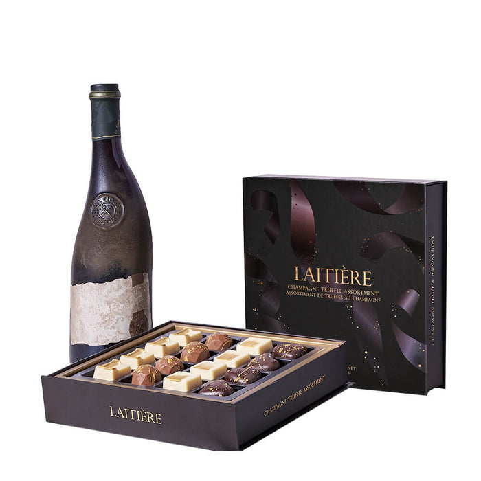 Graduate Gift Set with Red Bottle and Laitière Truffle Assortment – gift basket with laitiere champagne truffle assortment and bottle of wine