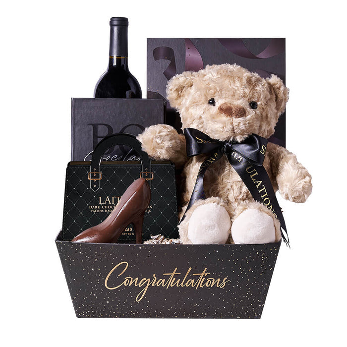 Graduation Celebration Gift Basket with Plush Bear and Gourmet Chocolates – gift basket with bottle of wine, laitiere dark chocolate high heels