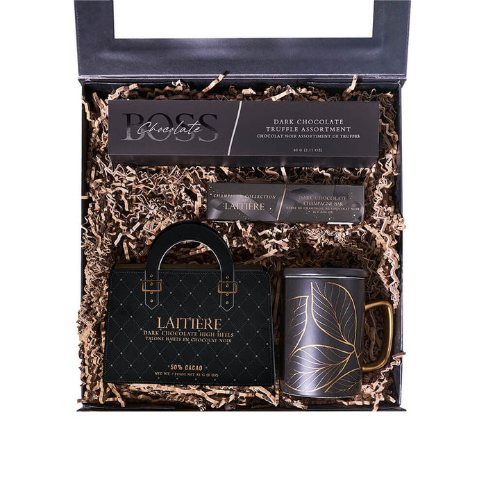 Graduation Gift Box with Dark Chocolate Truffles and Black & Gold Mug – gift basket with laitiere center filled chocolate bar - dark chocolate