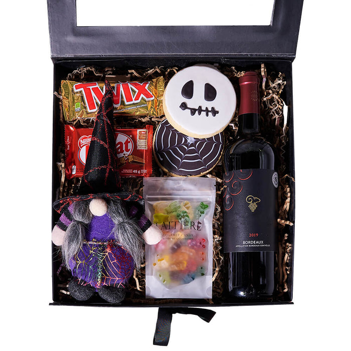 Halloween Gourmet Gift Box with Wine and Handmade Cookies – gift basket with bottle of wine, twix and the spooky witch plush