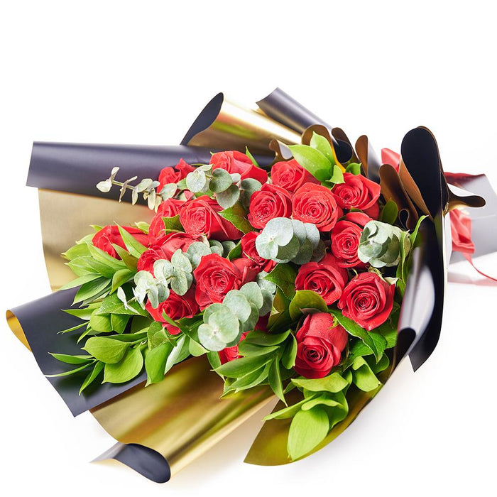 Hand-Tied Red Rose Bouquet with Decorative Greenery Accents – the bouquet