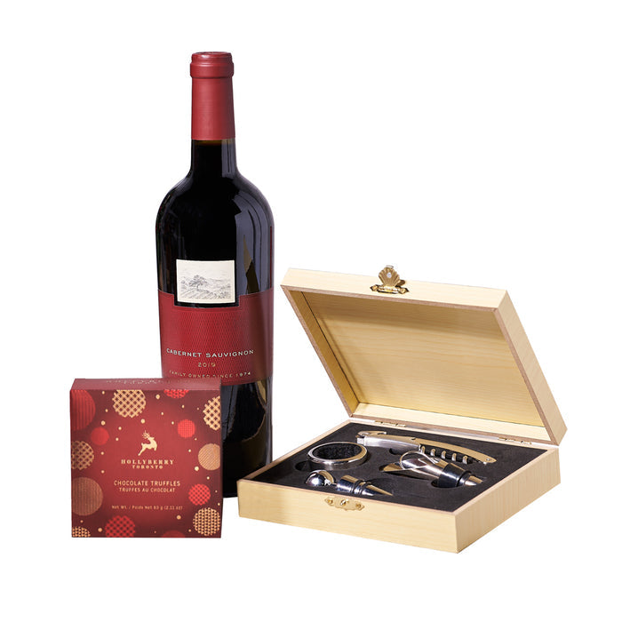 Holiday Red Wine Gift Set with Hollyberry Truffles and Wine Tools – gift basket with bottle of wine, hollyberry assorted individual wrapped
