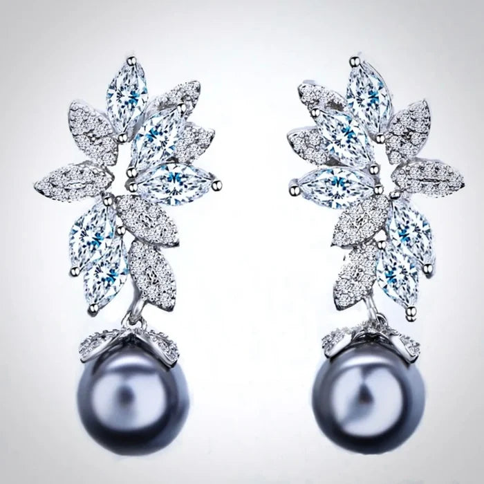 Wedding Jewelry - Gray Pearl and Cubic Zirconia Bridal Earrings