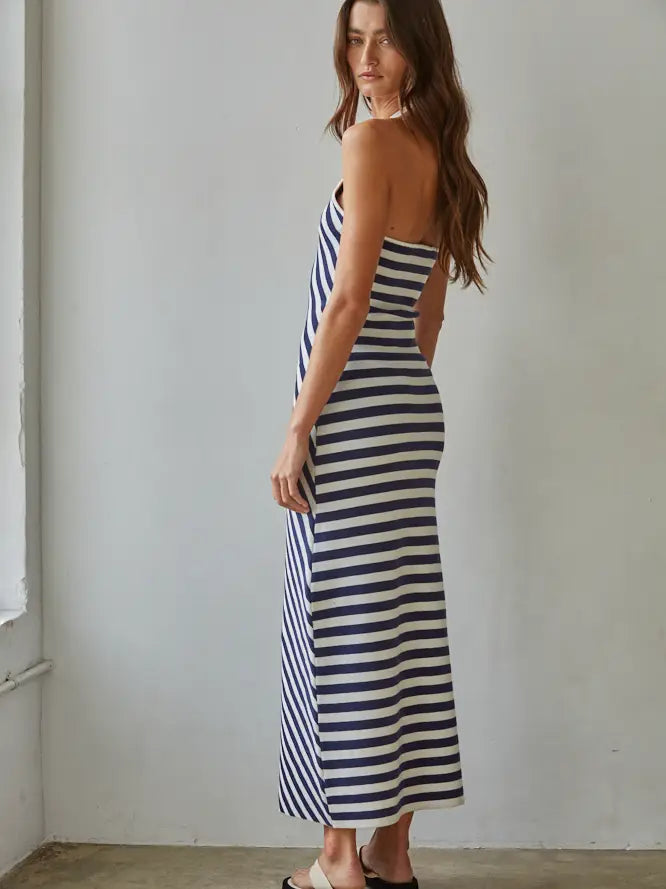 Knit Sweater Striped Halter Neck Maxi Dress