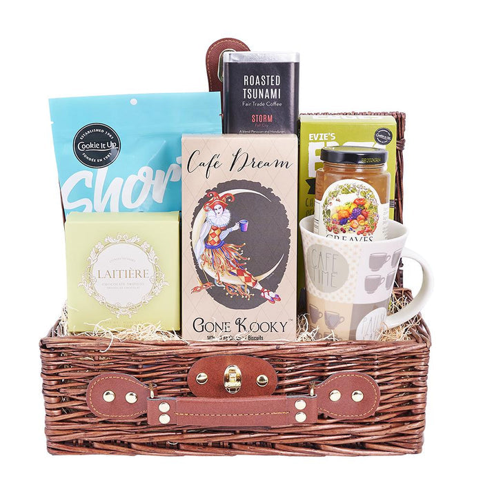 Leatherette-Strapped Picnic Basket with Coffee and Sweets – gift basket with cookie it up shorts double chocolate chip, roasted tsunami fair trade