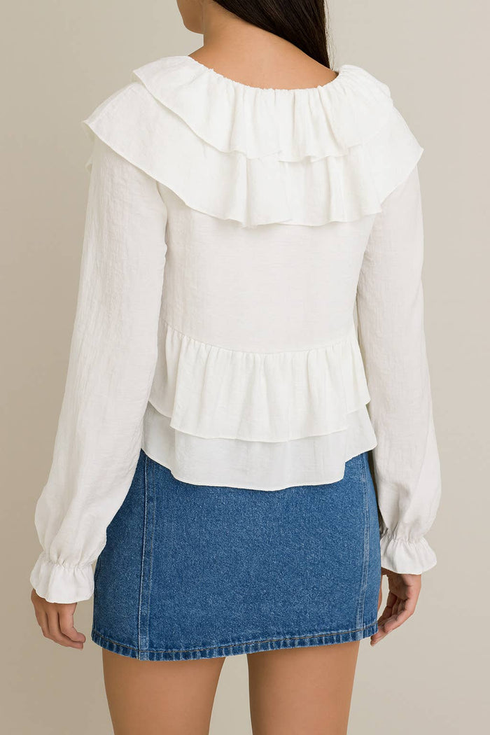 Long Sleeve V-Neck Ruffle Detail Crop Blouse