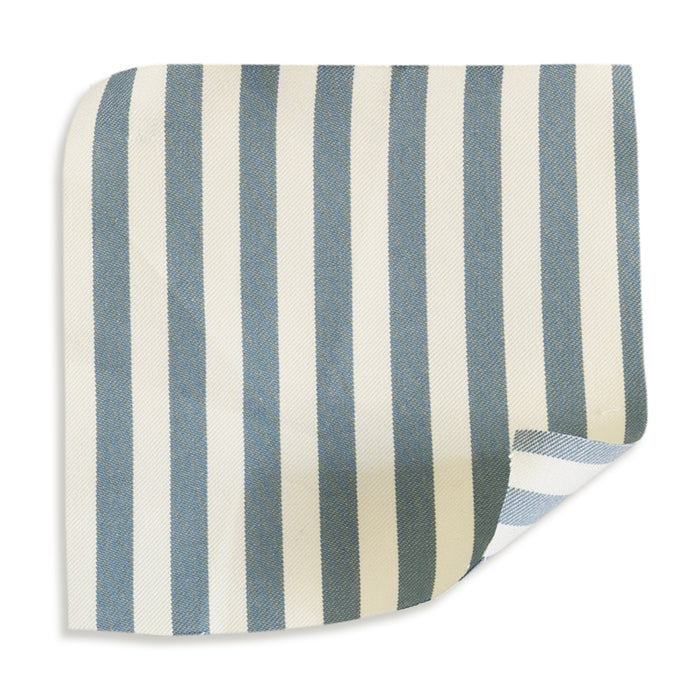 Louisa Harbor Woven Shower Curtain with blue and ivory stripes, made to order in the USA with short lead times