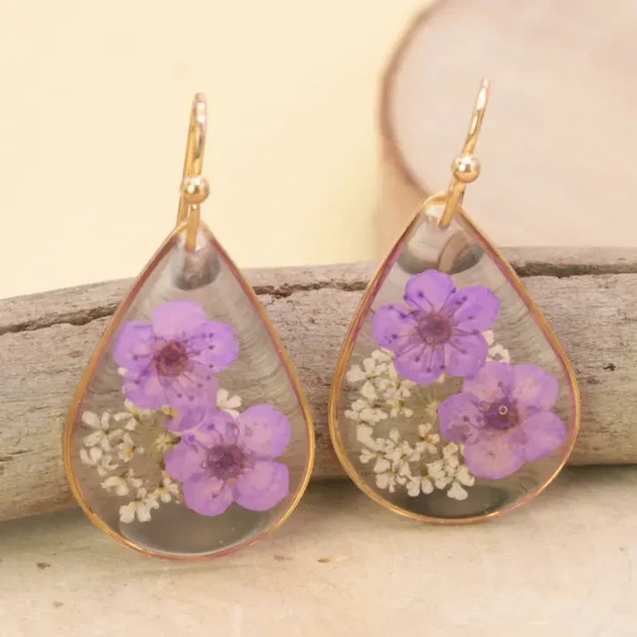 Lovely Lavender Dried Flower Gold Teardrop Earrings