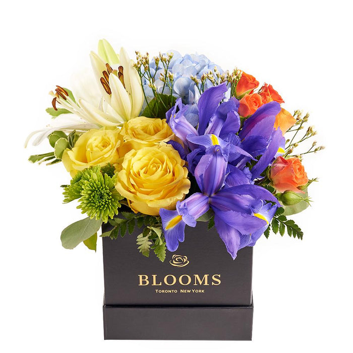 Luxurious Rose, Iris, and Lily Box Arrangement – gift basket with this arrangement includes an assorted selection of roses