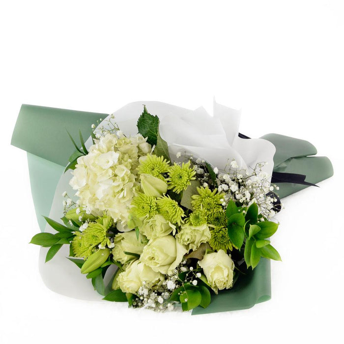 Mixed Lilies and Roses Bouquet with Designer Ribbon – the bouquet