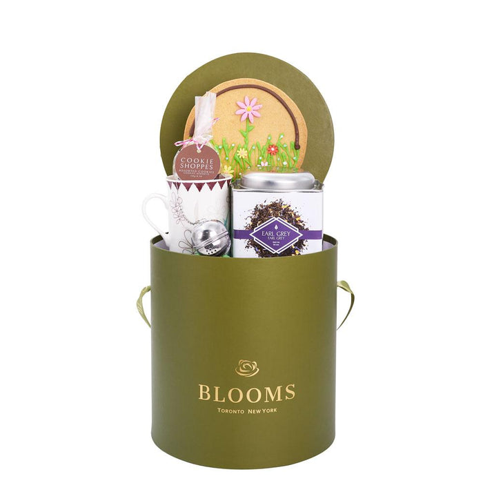 Mother's Day Assorted Cookie and Earl Grey Tea Box – gift basket with tea beau earl grey tea, tea cup with strainer and hand-decorated flower sugar