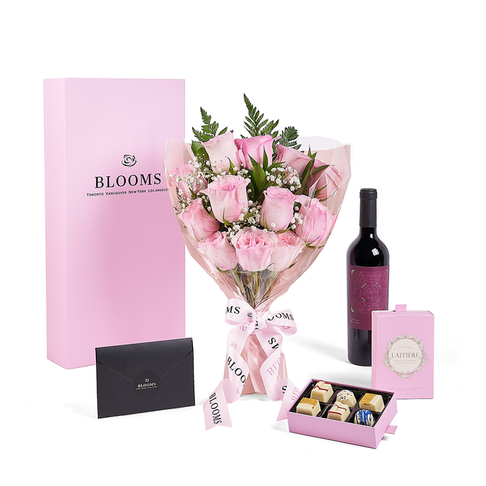 Mother's Day Bouquet Box of Pink Roses and Baby's Breath with Wine and Truffles – gift basket with this gift includes a dozen pink roses with