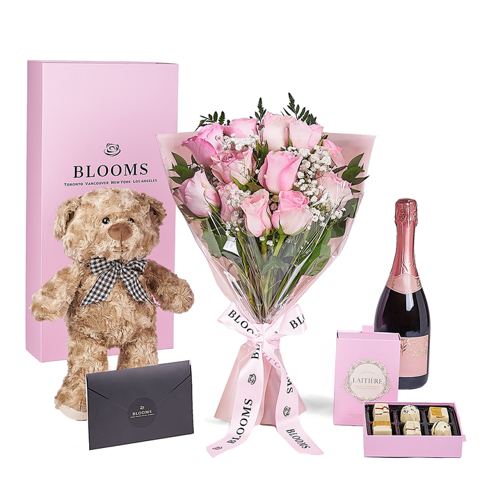 Mother's Day Pink and White Rose Bouquet with Sparkling Wine – gift basket with featuring a 12-stem bouquet of fresh pink roses