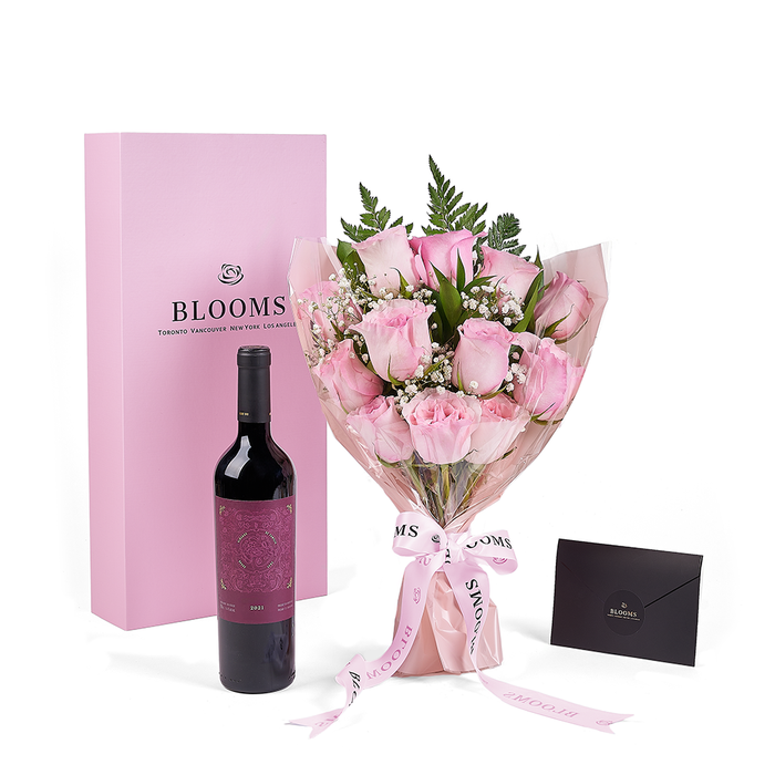 Mother's Day Pink Rose Dozen Bouquet Box with Wine – gift basket with this gift includes a dozen pink roses with