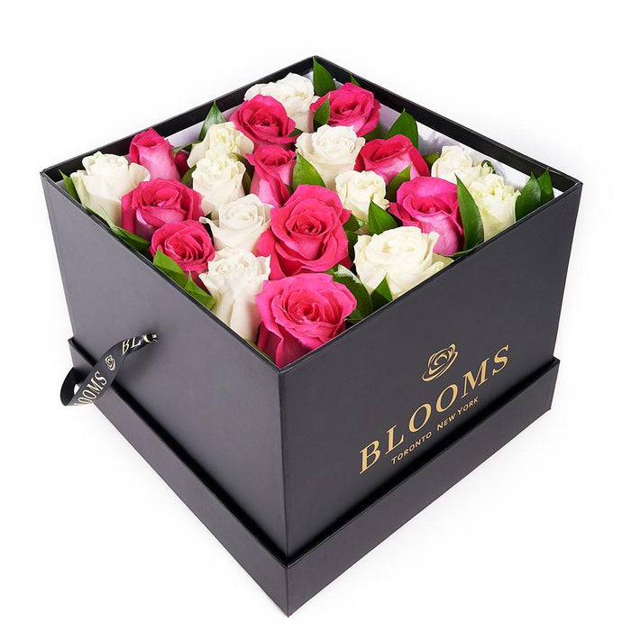 Mother's Day Pink & White Rose Floral Hat Box – gift basket with this floral arrangement includes pink and white roses