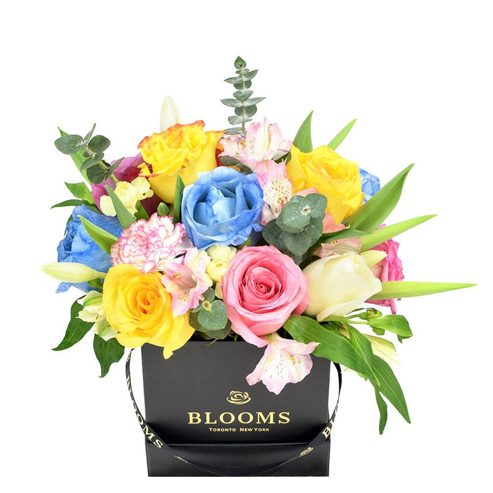 Multi-Hued Roses, Tulips & Carnations Mixed Floral Arrangement – gift basket with this vibrant arrangement includes multi-hued roses and this