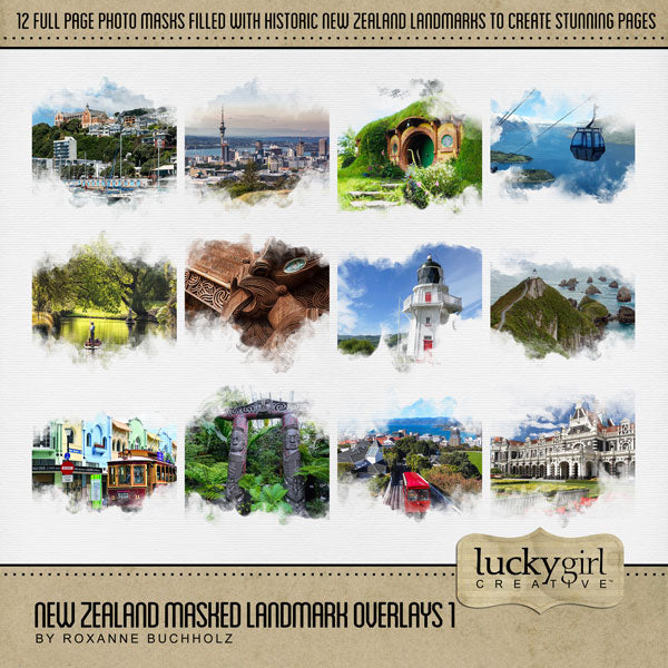 Highlight your vacation memories with these beautiful, digital historic landmark masked photo overlays by Lucky Girl Creative. Great for digital scrapbooking holidays to New Zealand and exploring native and indigenous life! With transparent edges, these masked photographs blend seamlessly into any background paper and make the perfect backdrop for all travel, vacation, and holiday pages.