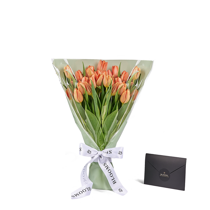 Peach Tulip Bouquet with Designer Ribbon – the bouquet