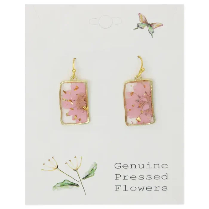 Pink Dried Flower Rectangle Gold Earrings