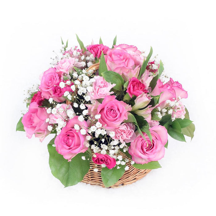 Pink Rose and Mini Carnation Flower Basket – gift basket with featuring an array of stunning spring flowers and and this bouquet includes a