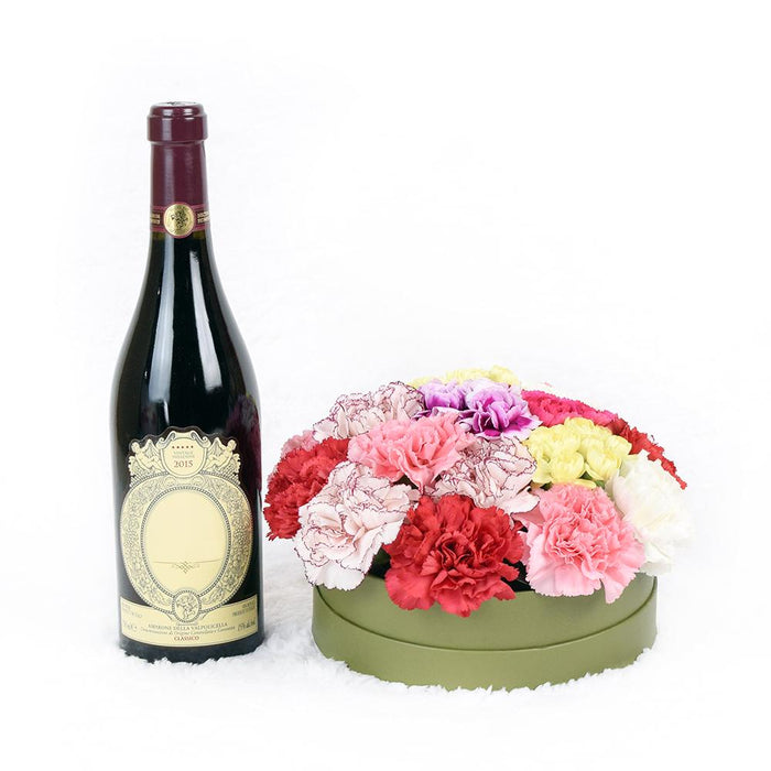 Premium Carnation Flower Arrangement and Red Wine Gift Set – gift basket with featuring timeless rustic charm, this arrangement includes a selection