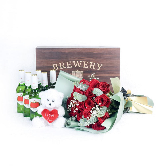 Premium Six-Beer Gift Basket Featuring Plush Toy and Snacks – gift basket with this 24 stem bouquet includes red roses, this gift set includes beer