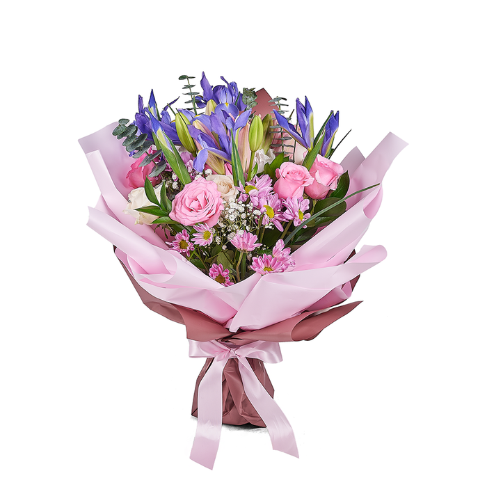 Purple Iris and Rose Bouquet Wrapped with Designer Ribbon – the bouquet