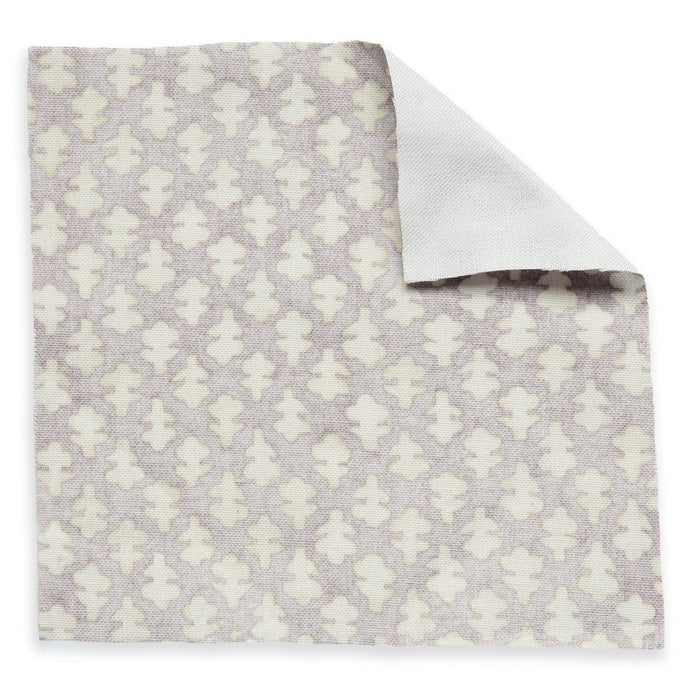 Quinn Wisteria Printed Cotton Curtain folded fabric sample with pastel trellis pattern, made in the USA