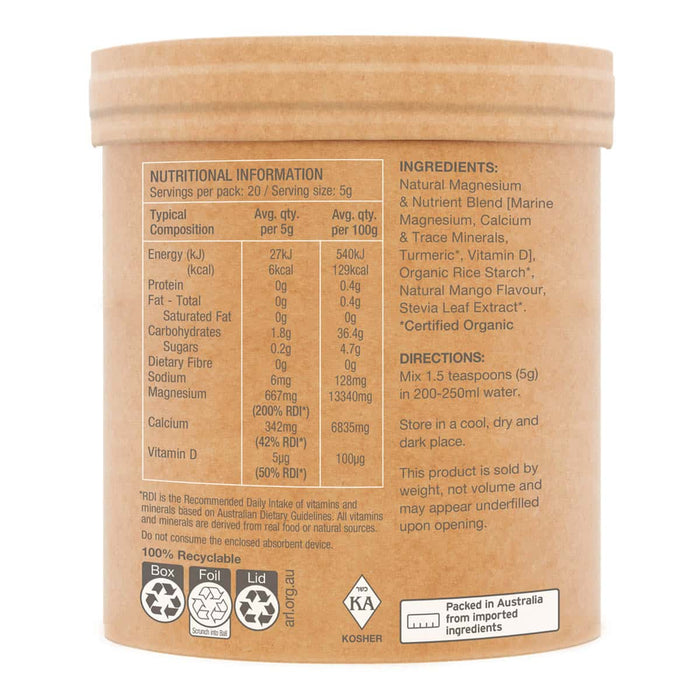 Side of muscle magnesium container with nutritional information and ingredients.