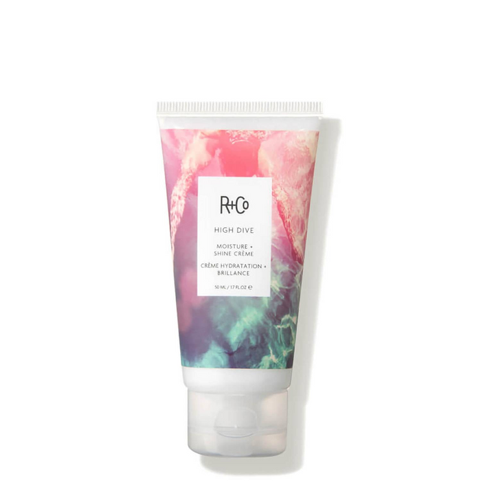 moisture shine cream, R+Co HIGH DIVE, hydrating cream for hair, frizz control cream, shine cream for hair, deep hydration hair product, cruelty-free hair cream, vegan hair cream, smooth frizz, shine-enhancing cream, travel-size hair cream, softening hair cream