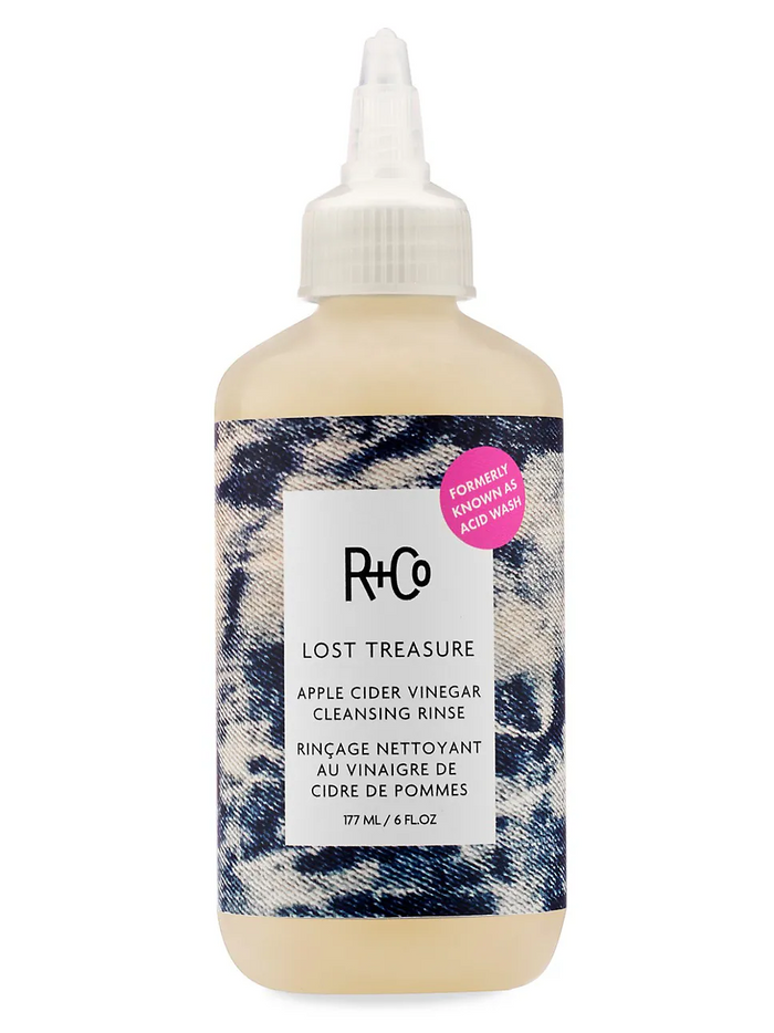 R+Co LOST TREASURE rinse, apple cider vinegar hair cleanser, ACV scalp treatment, clarifying rinse for buildup, shine-enhancing hair rinse, color-safe hair detox, natural hair cleanser, post-workout hair rinse, scalp soothing cleansing rinse, gentle hair clarifier