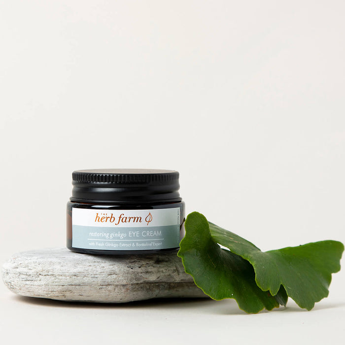20ml jar The Herb Farm Restoring Gingko Eye Cream with fresh gingko extract and Borealine Expert.