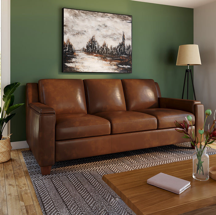 Malmo queen sleeper sofa in brown leather, lifestyle view