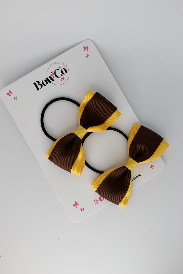 School Bows Brown and Yellow Gold - Tuxedo Bow Set - Elastic