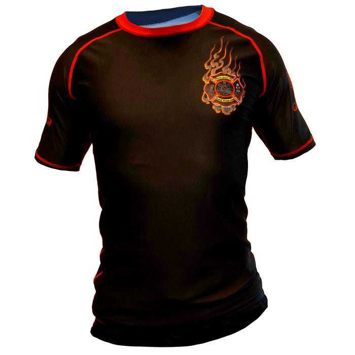 The Retro Grappler Smoke Eater Firefighter Rash Guard is a black short-sleeve athletic shirt with red trim and a fiery firefighter badge emblem—ideal BJJ gear for your grappling collection.