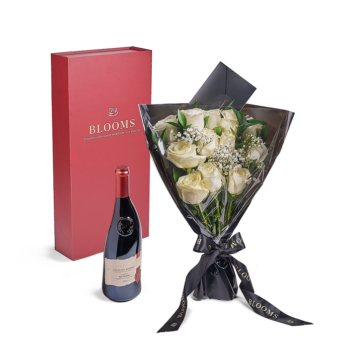 Valentine's Day White Rose Bouquet Box and Wine – gift basket with this gift includes 12 white roses gathered together